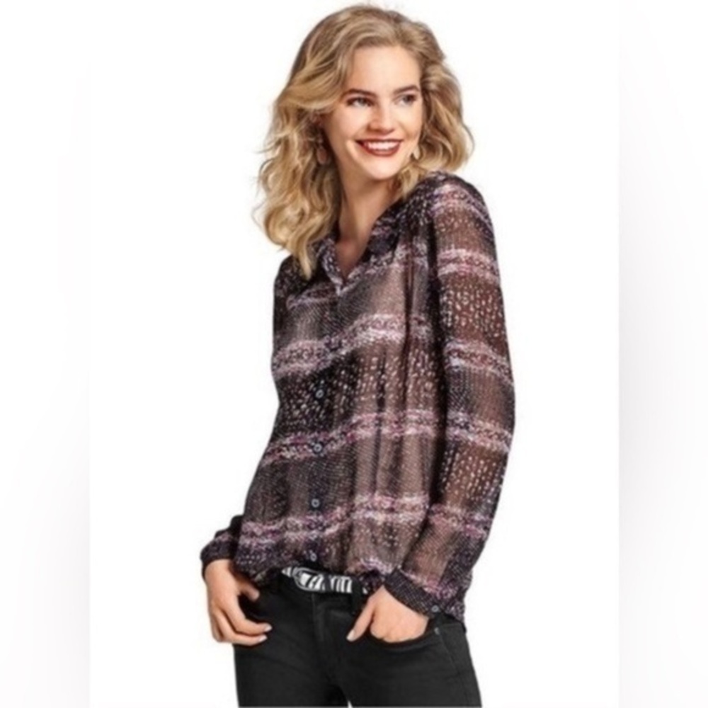 CAbi Women’s Large Black Paris Sheer Chiffon Button Up Blouse Top #3249